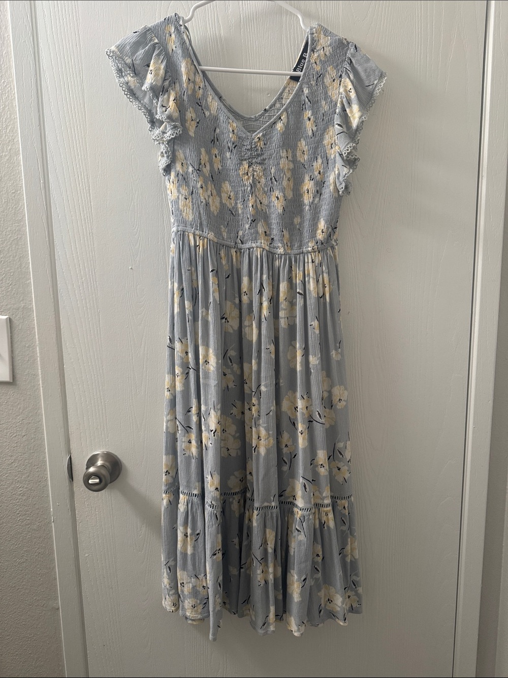 Light Blue Floral Midi Dress with Smocked Bodice